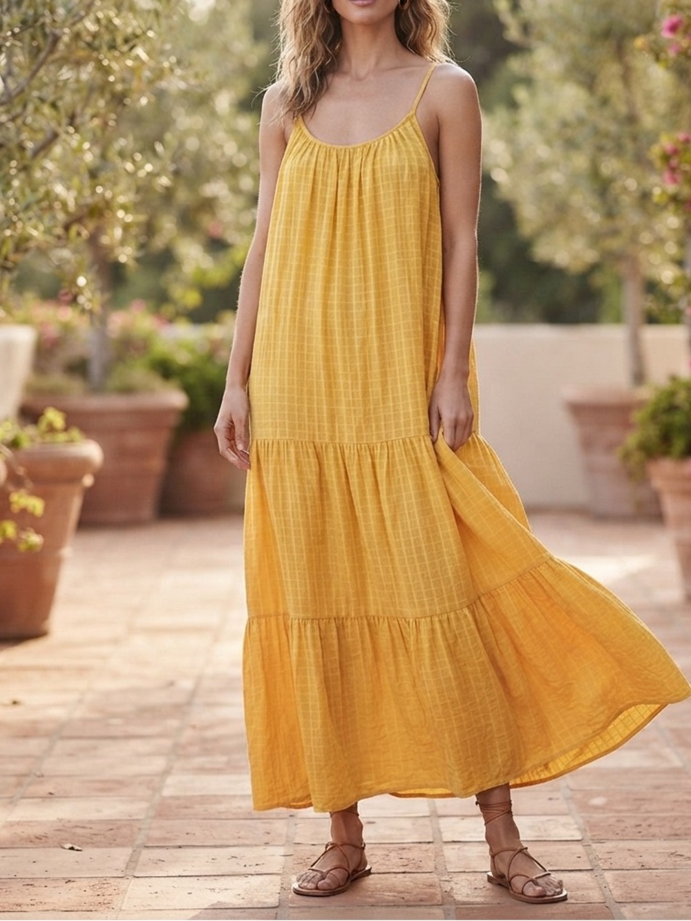 Banana Republic Yellow Plaid Maxi Dress Tiered Spaghetti Strap Summer💛